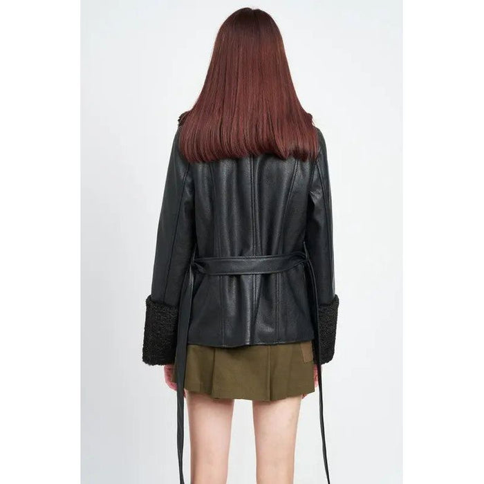 Belted Faux Shearing Trimmed Jacket