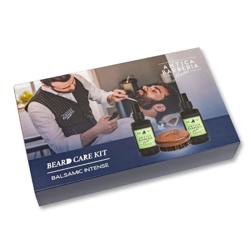 Antica Barberia Mondial US Balsamic Beard Care Gift Set: Beard Brush + 100ml Beard Balm & Wash Gift Set