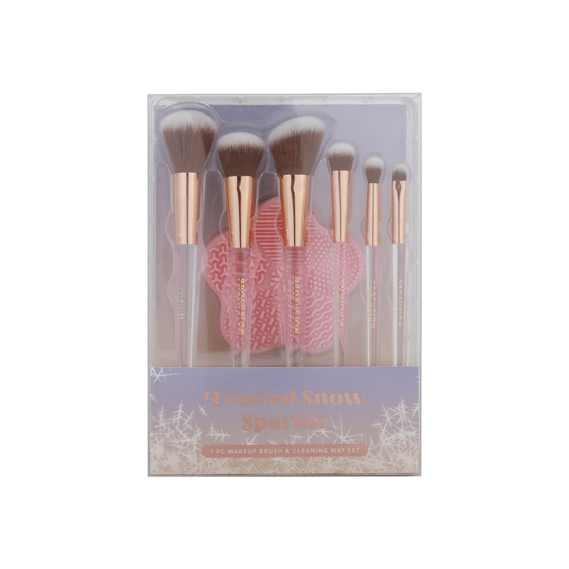 Profusion Cosmetics Frosted Snow Sparkle | 7 PC Makeup Brush & Cleaning Mat Set Brush