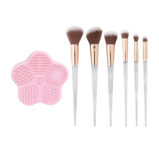 Profusion Cosmetics Frosted Snow Sparkle | 7 PC Makeup Brush & Cleaning Mat Set Brush
