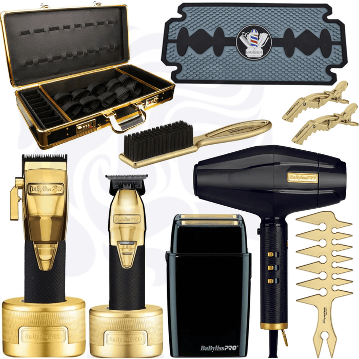 Babylisspro Goldfx Boost+ Metal Lithium Cordless Clipper #Fx870Gbp & Trimmer #Fx787Gbp & Charging Dock Stands & Double Foil Shaver #Fxfs2B & Blackfx 1875 #Fxbdb1 Dryer & Barberology Trio Mix & Barber Mat & Barber Carrying Case