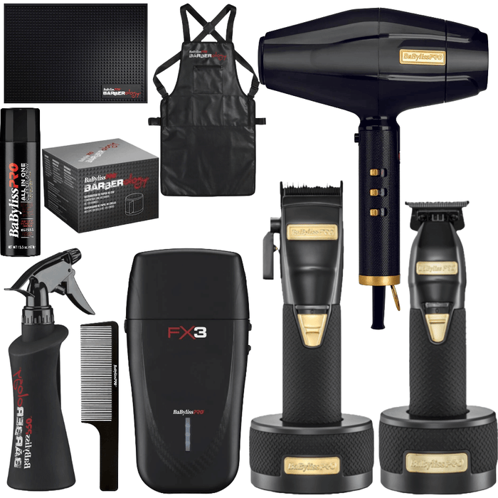 Babylisspro Luxury Combo Set Limitedfx Boost+ Clipper & Trimmer & Charging Base & Blackfx Dryer 1875 & Shaver & Apron & Spray Bottle & Clipper Comb & Neck Strips Dispenser & Clipper Spray & Barber Mat