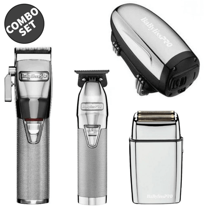 Babylisspro Silverfx Cord/Cordless Clipper Fx870S, Metal Outliner Trimmer Fx878S, Fxfs2 Double Foil Shaver, Fxssm1 Massager Combo Set