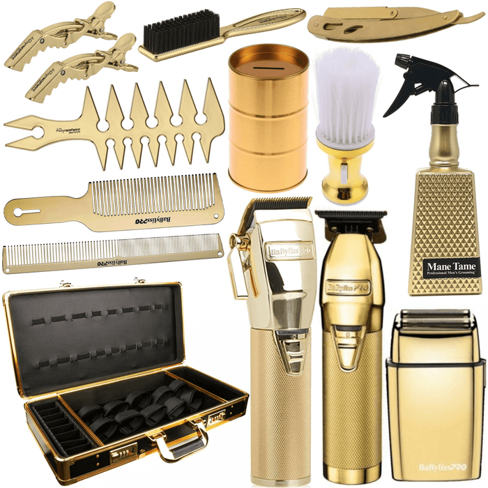 Professional Barber Combo Set Gold, Babylisspro Goldfx Clipper & Trimmer & Shaver & Babyliss Trio Mix & Metal Comb Set, Blade Disposal Storage, Straight Edge Razor, Neck Duster, Hair Spray, Carrying Case