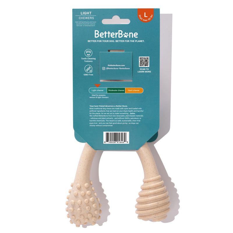 BetterBone All Natural Eco-Friendly Dog Chews & Bones BetterBone Large Chew Toy Dog Toys White Smoke Large / Light / Veggie,Large / Light / Beef,Large / Moderate / Veggie,Large / Moderate / Beef,Large / Moderate / Venison,Large / Hard / Veggie,Large / Hard / Beef,Large / Hard / Venison