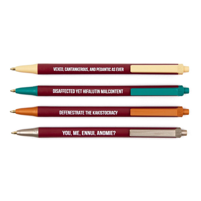 The Bullish Store - Big Vocabulary Pen Set | Set Of 4 Ballpoint Black Ink Funny Nerdy Pens | Vexed, Cantankerous, And Pedantic