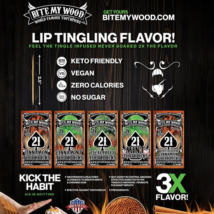 Bitemywood Flavored Birchwood Toothpicks In Plastic Reusable Bag 21 Qty 5 Flavors To Choose From