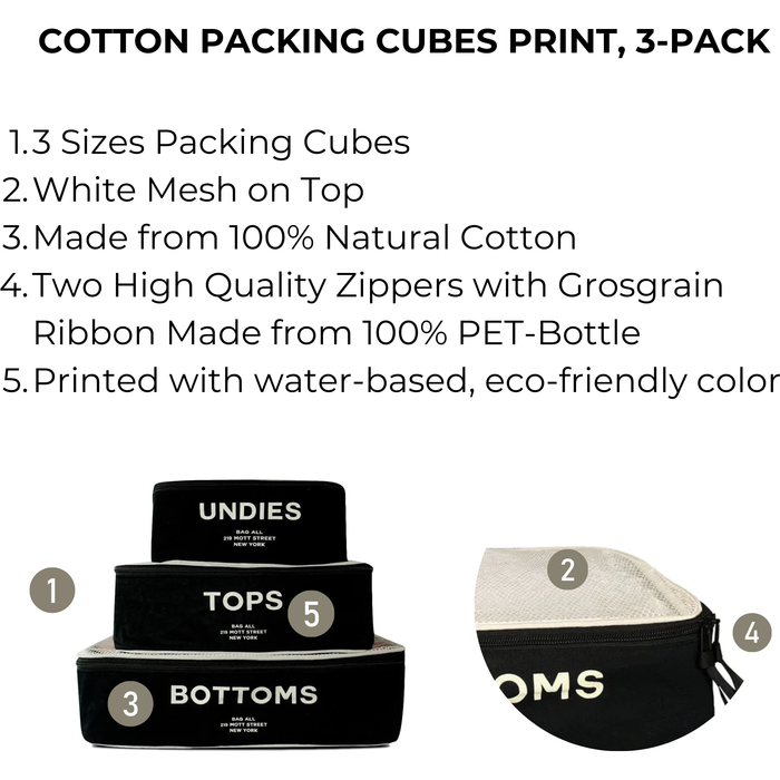 Bag-All - Cotton Packing Cubes, Print, 3-Pack Black