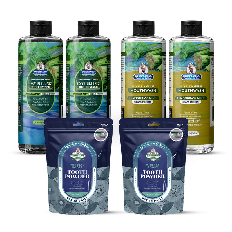 Garner's Garden 2 Pack Oral Care Package | Trio | H2O2 | Fluoride Free Packages White Smoke 2 x 16oz Regular Lemongrassmint Mouthwash & Oxy Pulling / 2 x 2oz Regular Tooth Powder