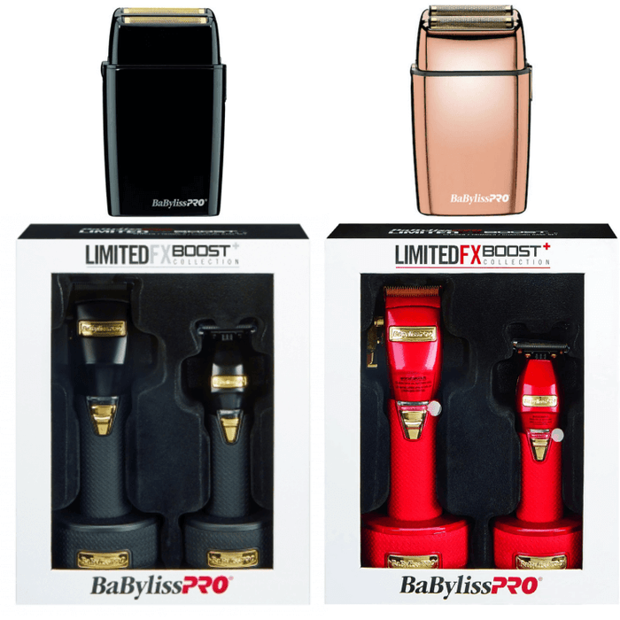 Babylisspro Limitedfx Boost+ Clipper & Trimmer & Charging Base Dock & Cordless Foilfx Shaver Fxx3S Red & Metal Double Foil Shaver Combo Set