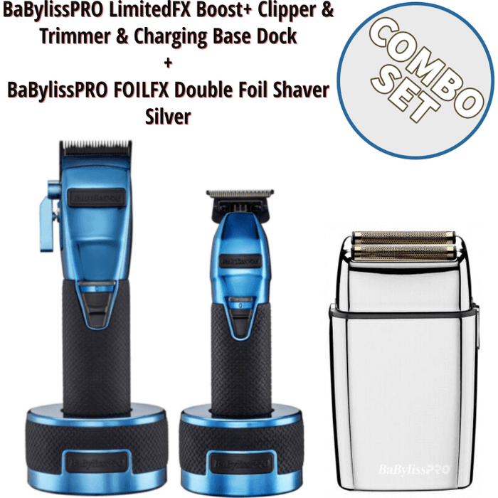 Babylisspro Limitedfx Boost+ Clipper & Trimmer & Charging Base Dock & Cordless Foilfx Shaver Fxx3S Red & Metal Double Foil Shaver Combo Set