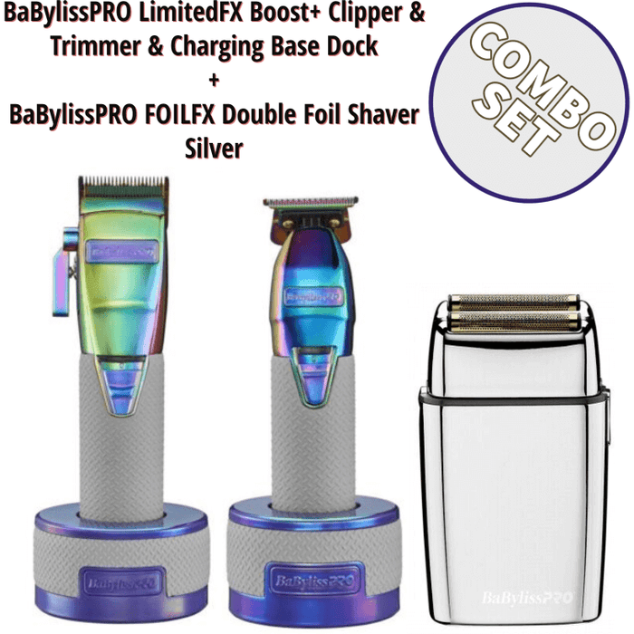 Babylisspro Limitedfx Boost+ Clipper & Trimmer & Charging Base Dock & Cordless Foilfx Shaver Fxx3S Red & Metal Double Foil Shaver Combo Set