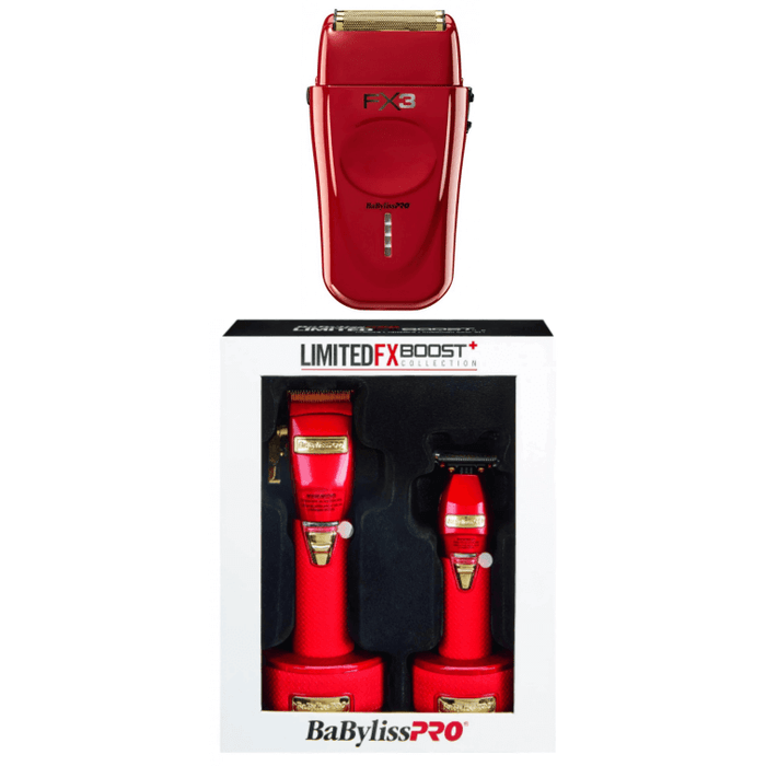 Babylisspro Limitedfx Boost+ Clipper & Trimmer & Charging Base Dock & Cordless Foilfx Shaver Fxx3S Red & Metal Double Foil Shaver Combo Set