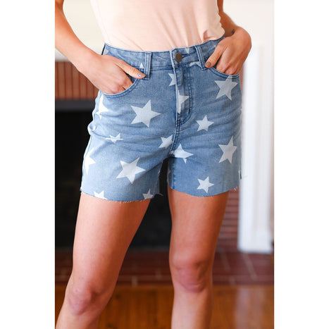 Light Wash Star Print High Rise Denim Shorts