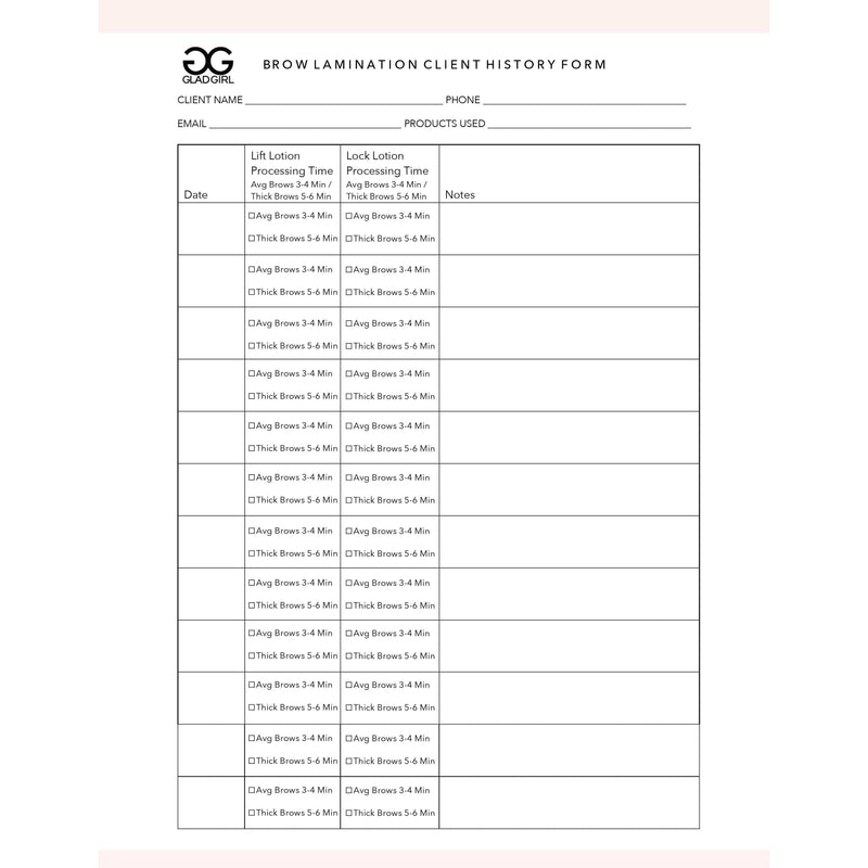 GladGirl Brow Lamination Client History Form - 25 Per Quantity Marketing