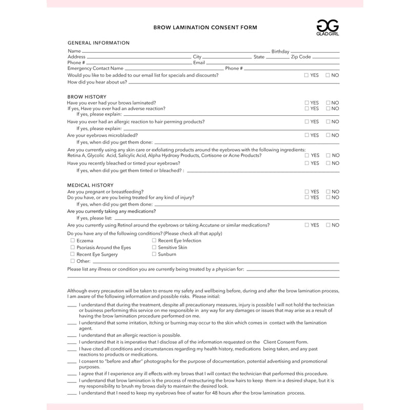 GladGirl Brow Lamination Consent Form - 25 Per Quantity Marketing