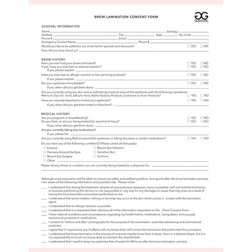 GladGirl Downloadable Brow Lamination Consent Form Marketing