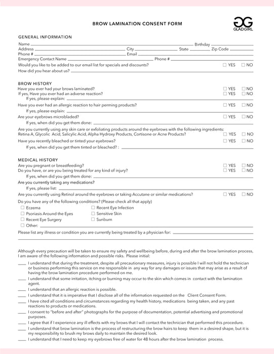 Brow Lamination Consent Form - 25 Per Quantity