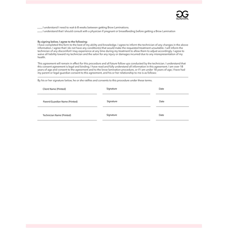 GladGirl Brow Lamination Consent Form - 25 Per Quantity Marketing