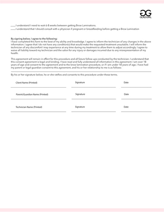 Brow Lamination Consent Form - 25 Per Quantity