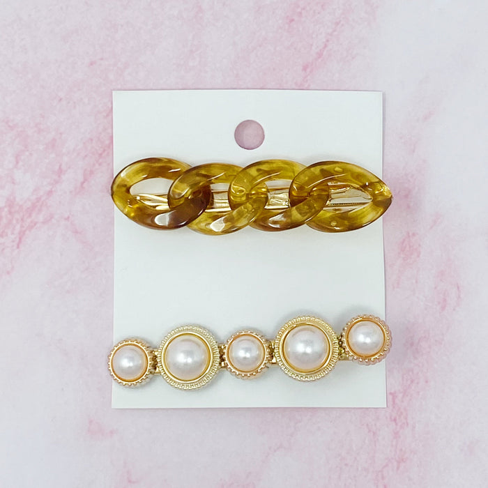 Marble Chain And Pearl Hair Clip Set