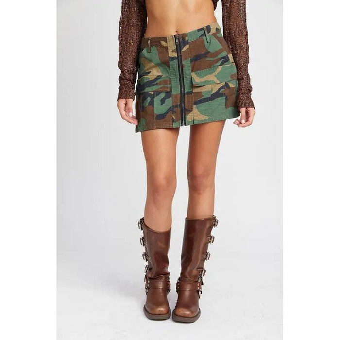 Camo Mini Skirt With Front Zipper