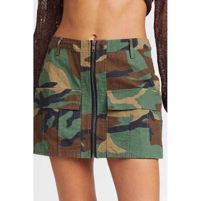 Camo Mini Skirt With Front Zipper