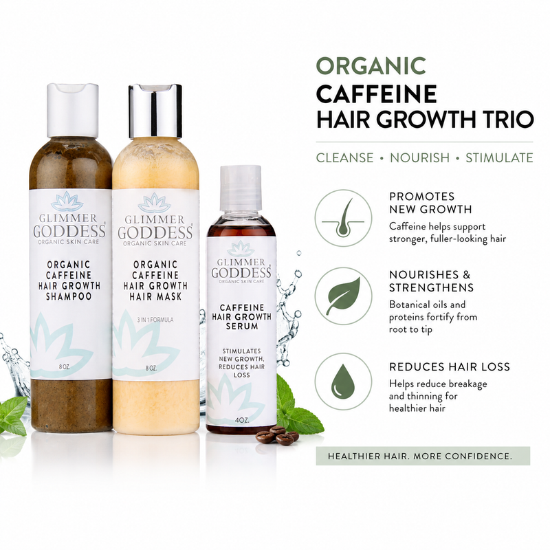 Glimmer Goddess® Organic Skin Care Organic Caffeine Hair Growth System – 3-Step Treatment Set Hair Growth White Smoke