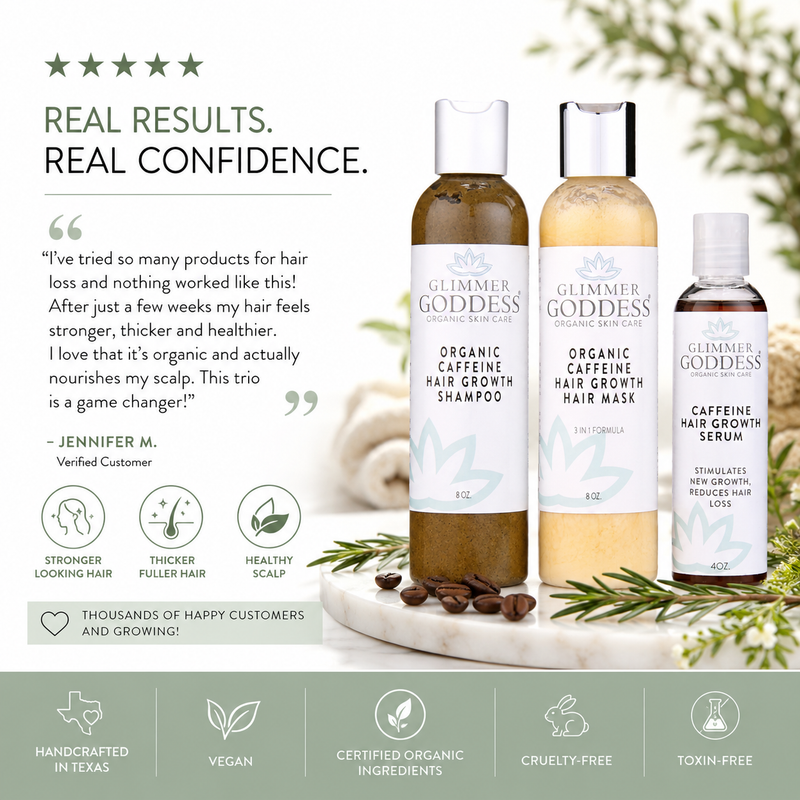 Glimmer Goddess® Organic Skin Care Organic Caffeine Hair Growth System – 3-Step Treatment Set Hair Growth White Smoke