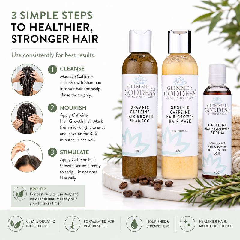 Glimmer Goddess® Organic Skin Care Organic Caffeine Hair Growth System – 3-Step Treatment Set Hair Growth White Smoke
