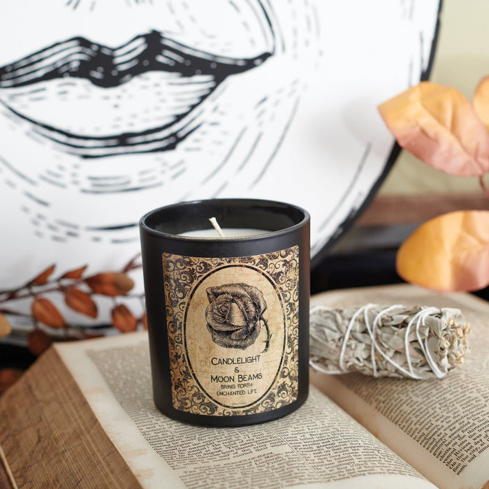 The Bullish Store - Candlelight & Moon Beams Jar Candle | Rose In Frosted Black Glass | 35Hrs Burn Time