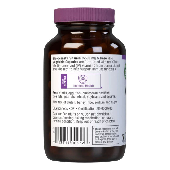 Bluebonnet Kosher Vitamin C-500 mg Plus Rose Hips 90 Vegetable Capsules