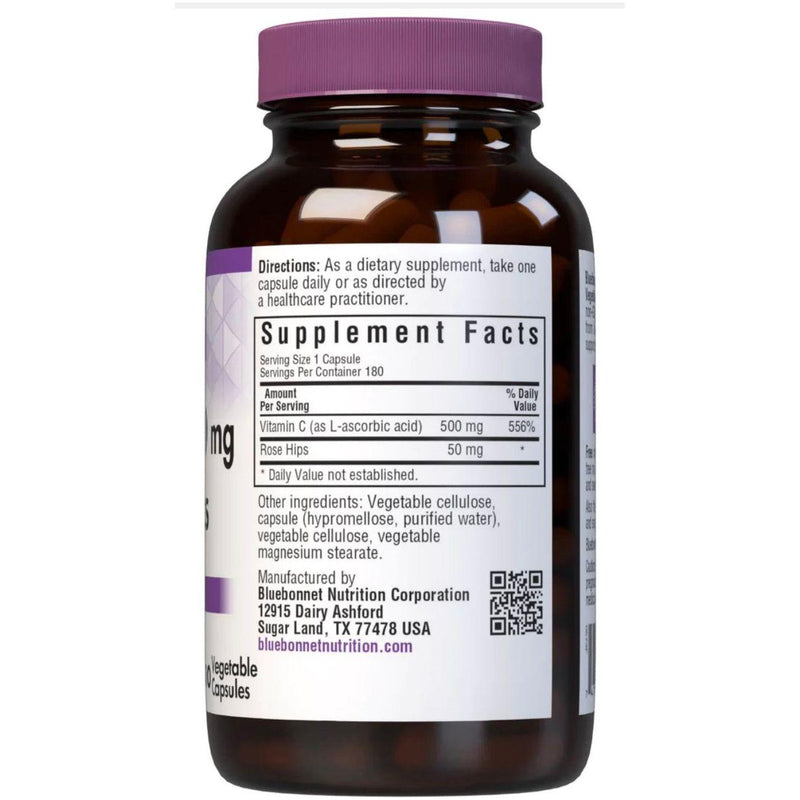 Bluebonnet Bluebonnets Vitamin C-500 mg Plus Rose Hips 180 Vegetable Capsules Vitamins & Supplements