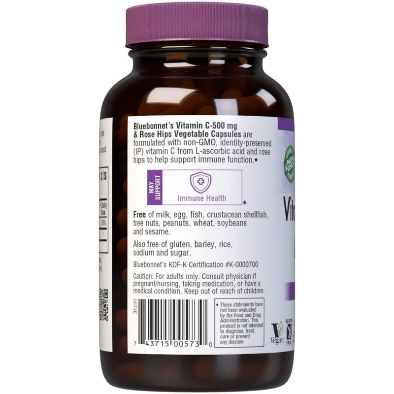 Bluebonnet Bluebonnets Vitamin C-500 mg Plus Rose Hips 180 Vegetable Capsules Vitamins & Supplements
