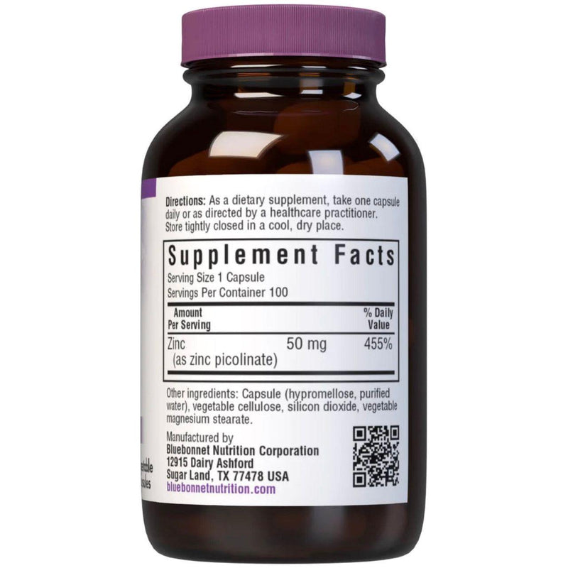 Bluebonnet Bluebonnets Zinc Picolinate 50 mg, 100 Vegetable Capsules Dietary Supplements