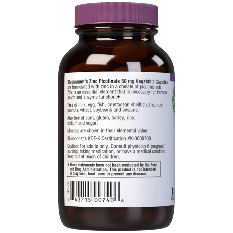Bluebonnet Bluebonnets Zinc Picolinate 50 mg, 100 Vegetable Capsules Dietary Supplements