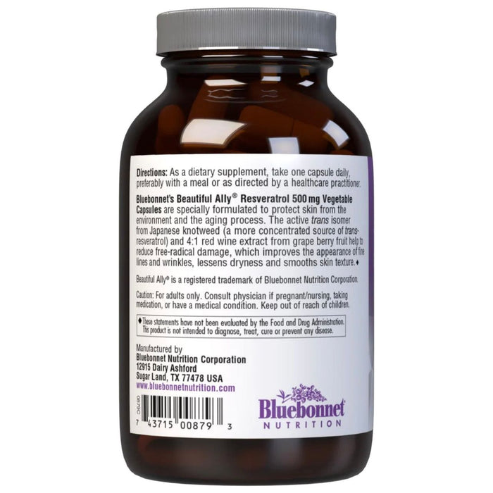 Bluebonnets Beautiful Ally Resveratrol 500 mg, 60 Vegetable Capsules