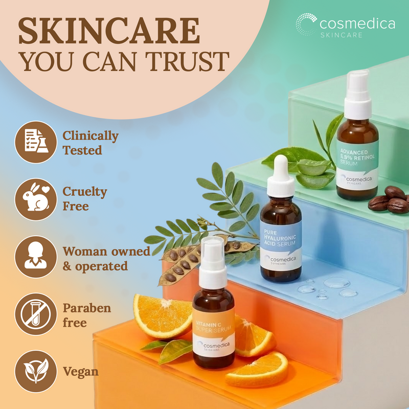 Cosmedica Skincare Cosmedica Skincare Facial Serum Trio Set – Vitamin C Serum, 2.5% Retinol Serum & Hyaluronic Acid Serum for Face – Anti Aging, Brightening & Hydrating Skincare – Reduce Wrinkles & Dark Spots – Vegan, Cruelty Free (3 x 1oz) Kit