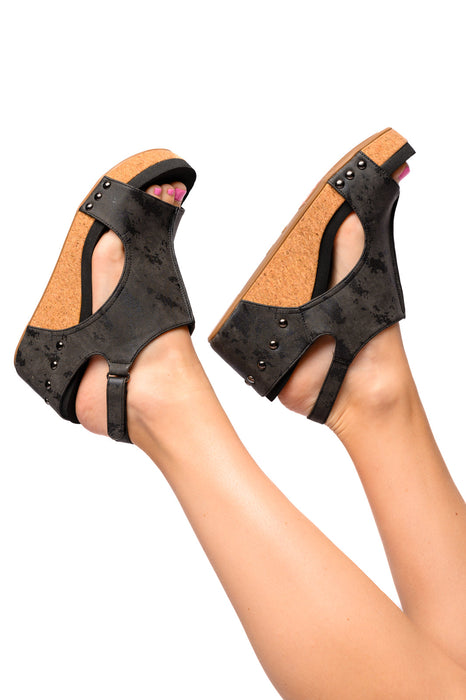 Wedge Sandals in Black Metallic