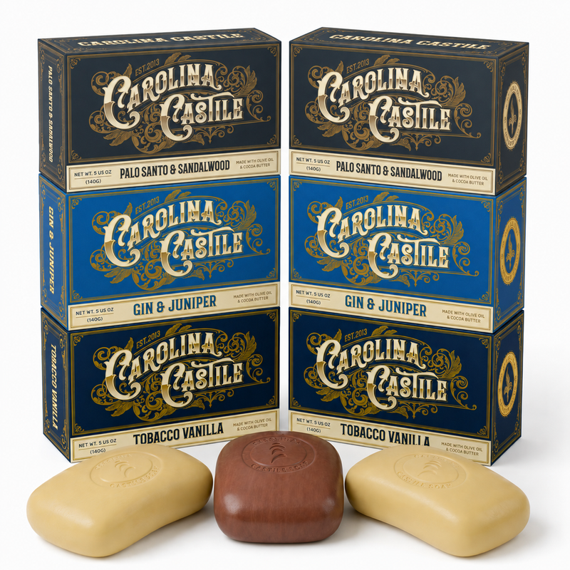 Carolina Castile Soap Castile Bar Soap - Variety Pack White Smoke 6 Pack: 2 Tobacco Vanilla - 2 Palo Santo & Sandalwood - 2 Gin & Juniper