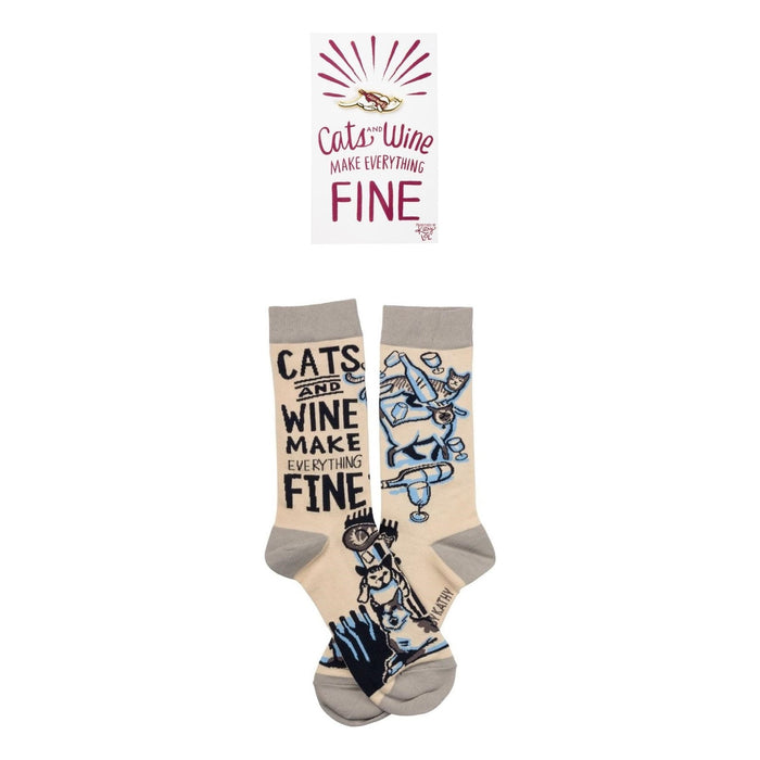 The Bullish Store - Cats And Wine Make Everything Fine Enamel Pin And Socks Gift Set Bundle