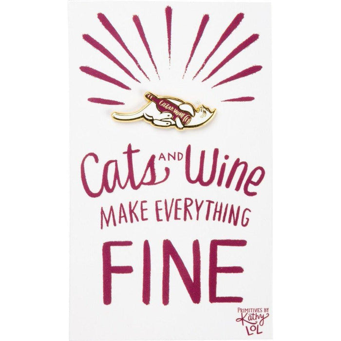 The Bullish Store - Cats And Wine Make Everything Fine Enamel Pin In Purplish Red And Gold