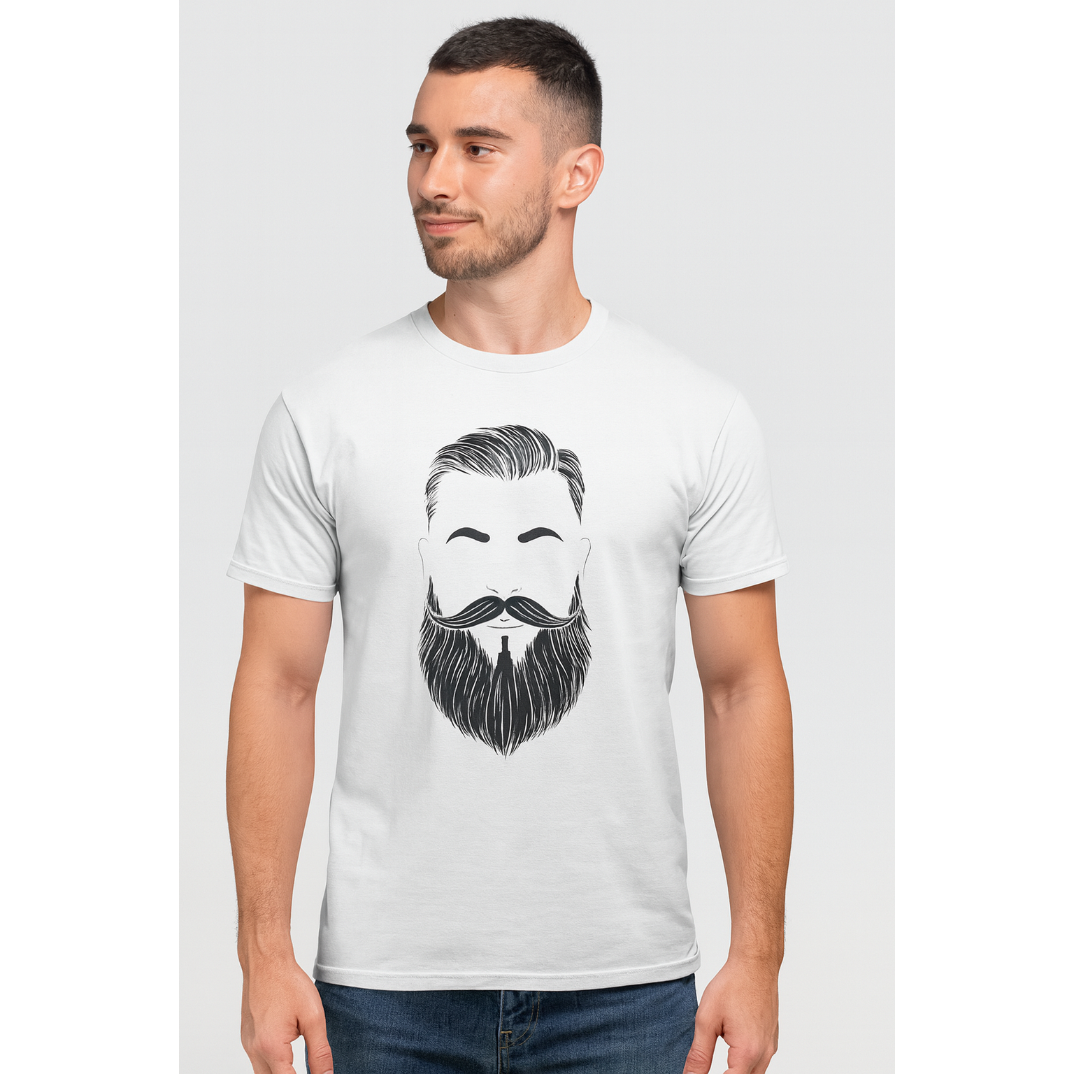 Thedifferent T-shirt Uomo Cotone Con Stampa Barba E Baffi – Bianca, 100% Cotone 160 G, Manica Corta