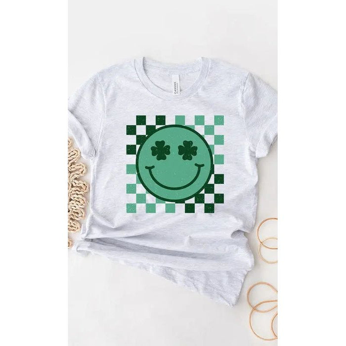 Checkered Clover Smiley St Patricks Graphic Tee