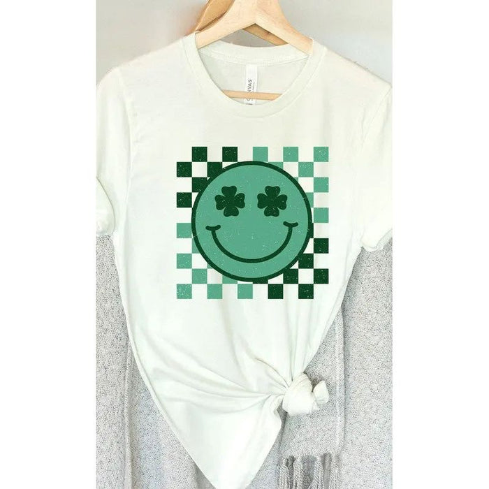 Checkered Clover Smiley St Patricks Graphic Tee