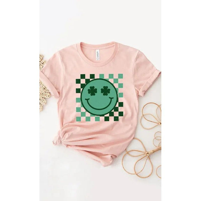 Checkered Clover Smiley St Patricks Graphic Tee