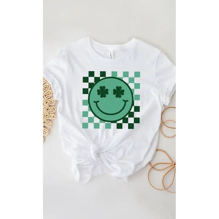 Checkered Clover Smiley St Patricks Graphic Tee