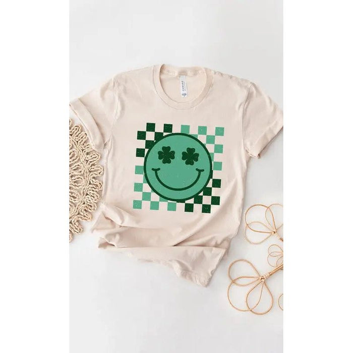 Checkered Clover Smiley St Patricks Graphic Tee