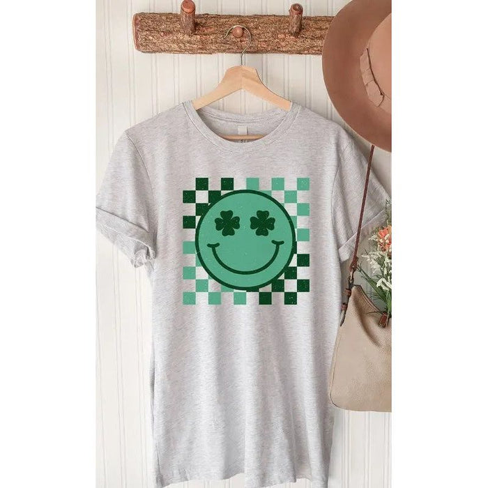 Checkered Clover Smiley St Patricks Graphic Tee