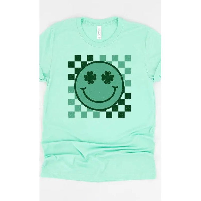 Checkered Clover Smiley St Patricks Graphic Tee